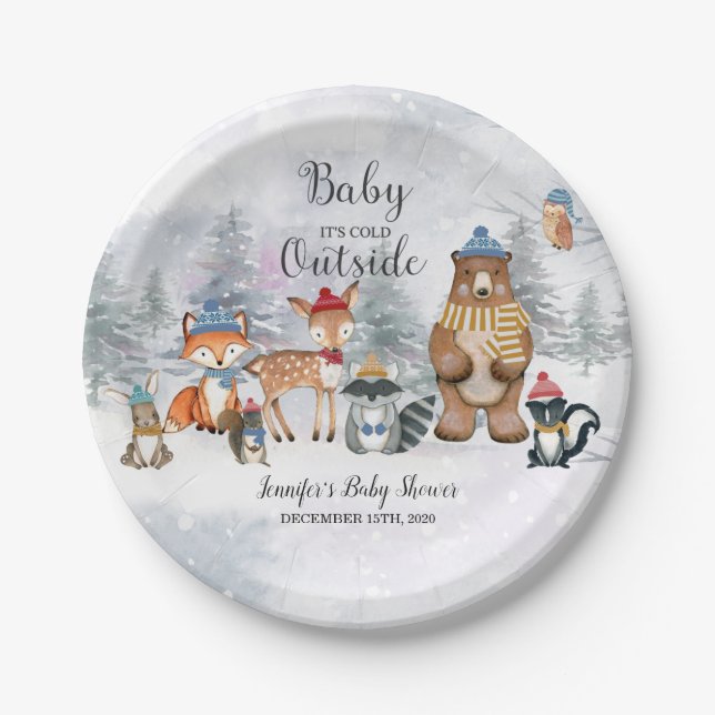 Baby It's Cold Outside Winter Woodland Baby Shower Paper Plates (Front)