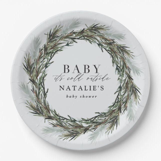 Baby its cold outside winter wreath baby shower paper plates (Front)
