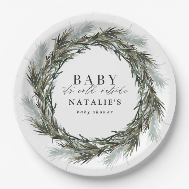 Baby its cold outside winter wreath baby shower paper plates (Front)