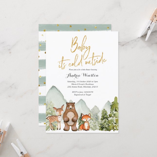 Baby it's cold outside Woodland Animal Baby Shower Invitation (Front/Back In Situ)