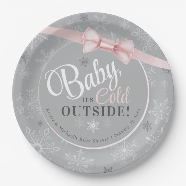 Baby It's Cold Pink Gray Snowflake Girl Shower Paper Plates (Front)