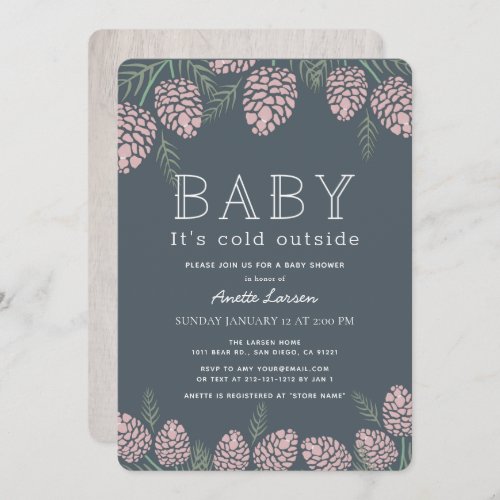 Baby Its Cold Pink Pine Cone Navy Baby Shower Invitation