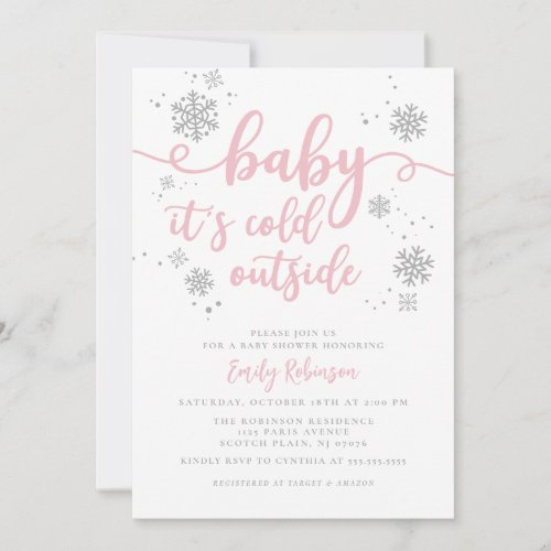 Baby Its Cold  Pink Snowflake Girl Baby Shower Invitation