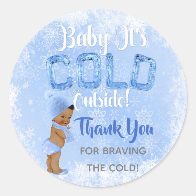 Baby It's Cold Snowflake Blue Ethnic Boy Shower Classic Round Sticker (Front)