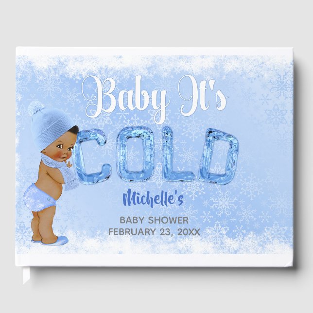 Baby It's Cold Snowflake Blue Ethnic Boy Shower Guest Book (Front)