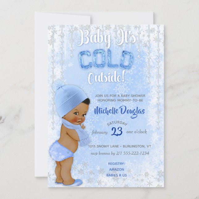 Baby It's Cold Snowflake Blue Ethnic Boy Shower Invitation (Front)