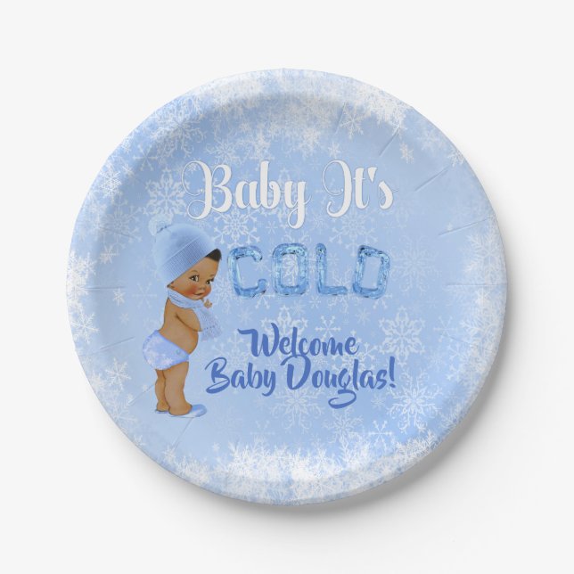 Baby It's Cold Snowflake Blue Ethnic Boy Shower Paper Plates (Front)