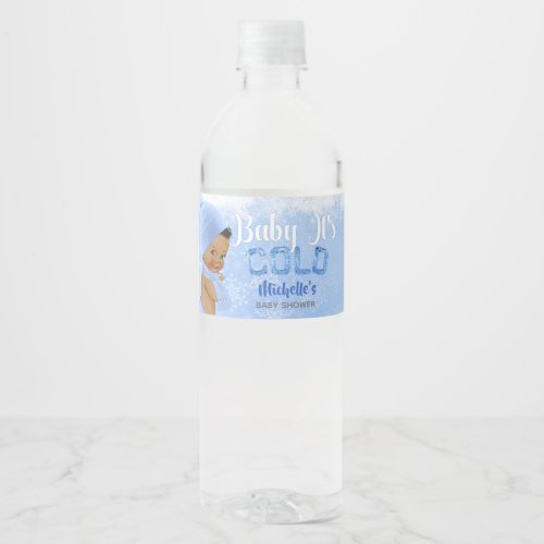 Baby Its Cold Snowflake Blue Ethnic Boy Shower Water Bottle Label