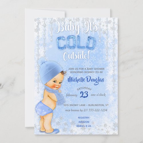 Baby Its Cold Snowflake Icy Blue Boy Shower Invitation