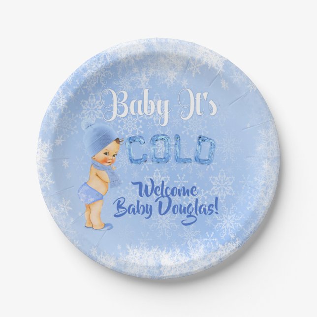 Baby It's Cold Snowflake Winter Blue Boy Shower Paper Plates (Front)