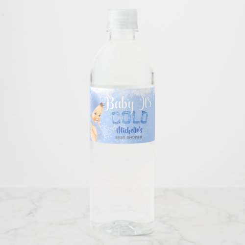 Baby Its Cold Snowflake Winter Blue Boy Shower Water Bottle Label