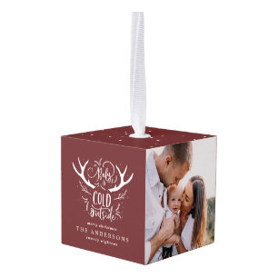 Baby it's cold stag multi photo Christmas Holiday Cube Ornament