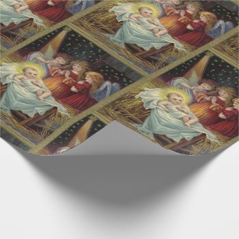 Baby Jesus 3 Angels Vintage Card Reproduction Wrapping Paper by Frasure_Studios at Zazzle