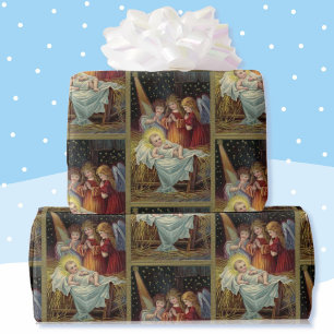 Baby Jesus 3 Angels Vintage Card Reproduction Wrapping Paper