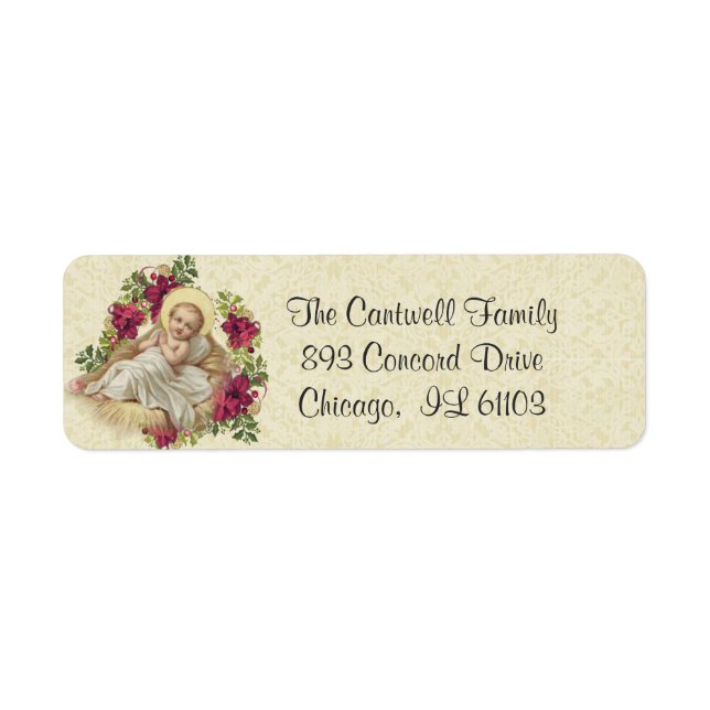 Baby Jesus Christmas Floral Wreath Label (Front)