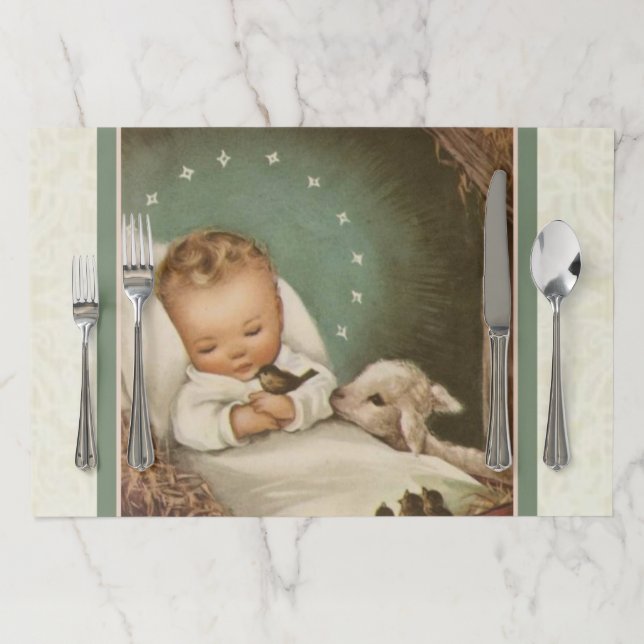 Baby Jesus holding little Bird in Manger Paper Placemat (In Situ)