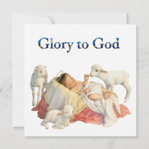 Baby Jesus in a manger with lambs Glory to God Holiday Card