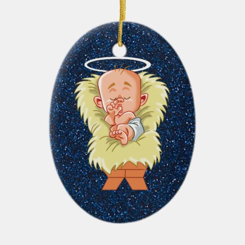 Baby Jesus In Manger Ceramic Ornament