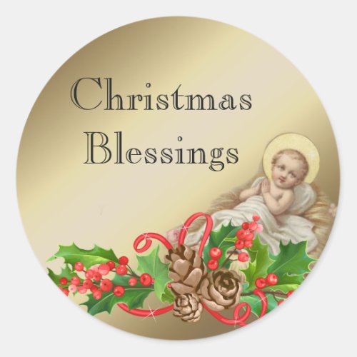Baby Jesus in Manger Christmas Blessings Floral Classic Round Sticker