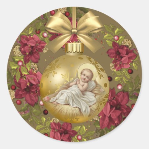 Baby Jesus in Manger Christmas Floral Wreath Classic Round Sticker