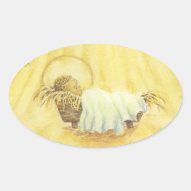 Baby Jesus in Manger Christmas Sickers Oval Sticker (Front)