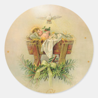 Baby Jesus in Manger Dove Classic Round Sticker