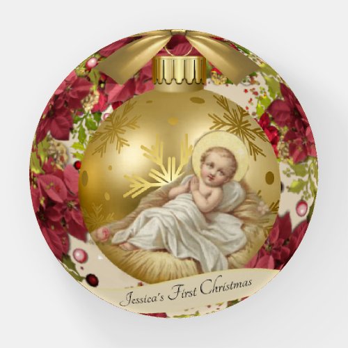 Baby Jesus in Manger Floral Christmas Paperweight