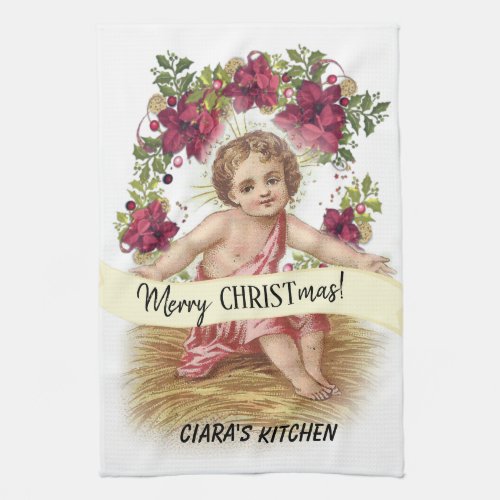 Baby Jesus in Manger Floral Roses Kitchen Towel