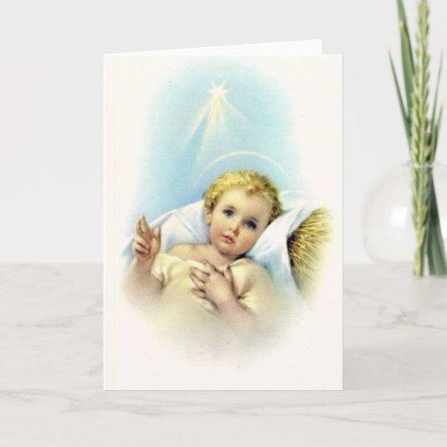 Baby Jesus in Manger Shining Star Halo Fleece Blan Holiday Card (Front)