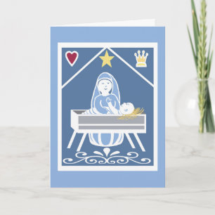 Baby Jesus in manger with Mary, star, heart, crown Card