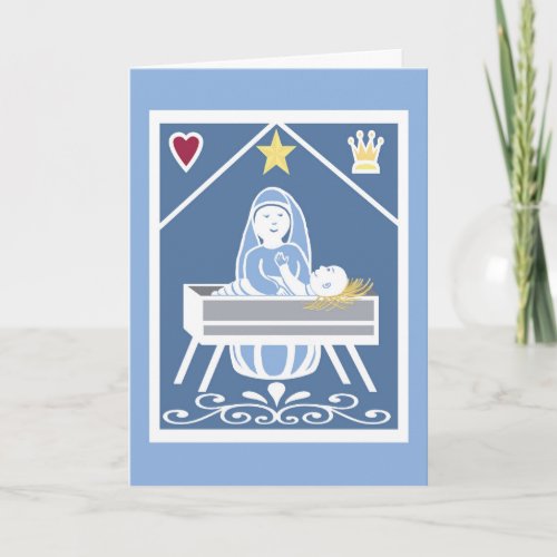 Baby Jesus in manger with Mary star heart crown Card