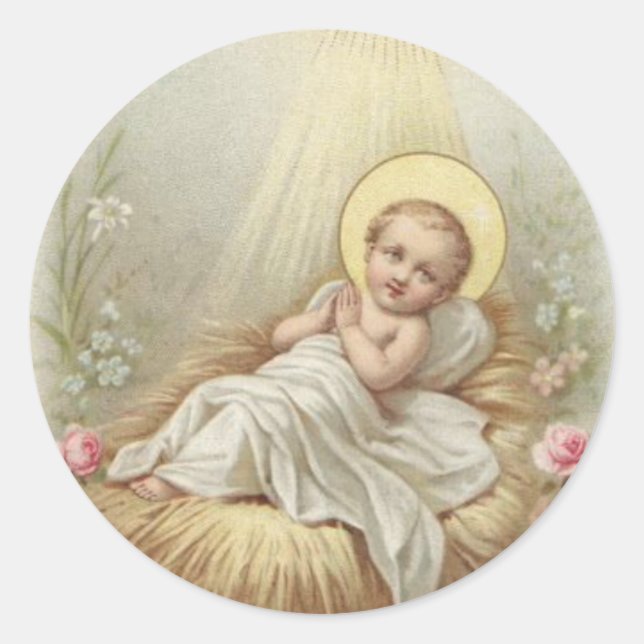 Baby Jesus in the Manger Classic Round Sticker (Front)