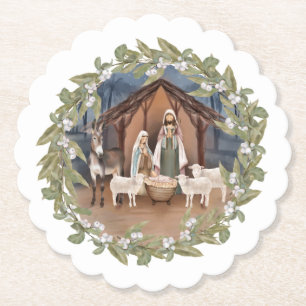 Baby Jesus in the Manger Nativity Paper Coaster