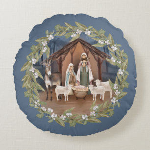 Baby Jesus in the Manger Nativity  Round Pillow