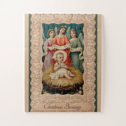 Baby Jesus in the Manger with Angels Christmas Jigsaw Puzzle