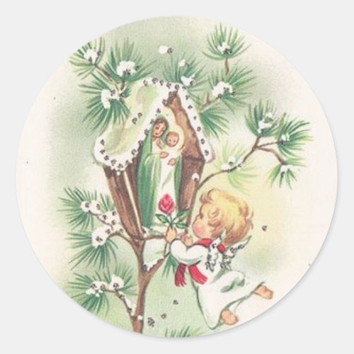 Baby Jesus Manger Christmas Bells Ribbon Classic Round Sticker