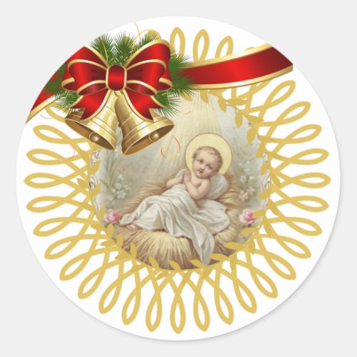 Baby Jesus Manger Christmas Bells Ribbon Classic Round Sticker