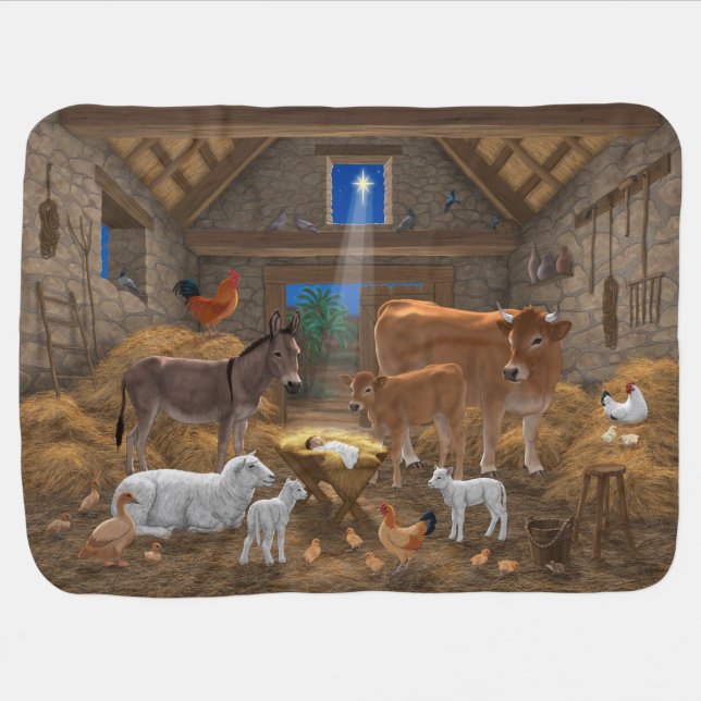 Baby Jesus Manger Holy Night Christmas Nativity Baby Blanket (Horizontal)