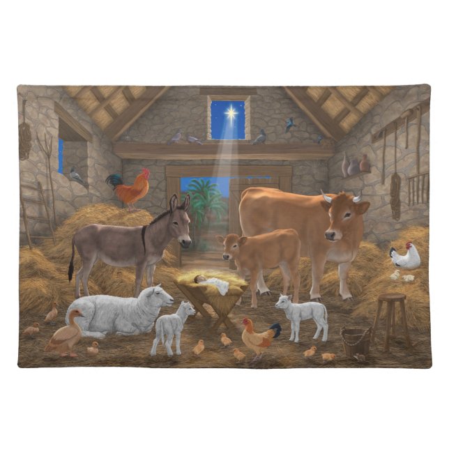 Baby Jesus Manger Holy Night Christmas Nativity Cloth Placemat (Front)