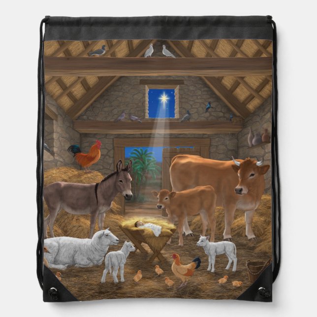 Baby Jesus Manger Holy Night Christmas Nativity Drawstring Bag (Front)