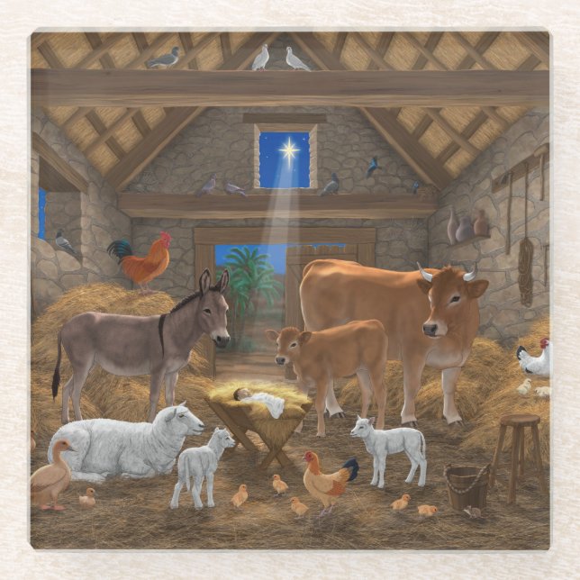 Baby Jesus Manger Holy Night Christmas Nativity Glass Coaster (Front)