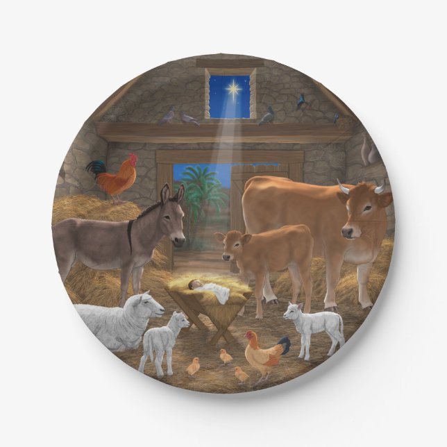 Baby Jesus Manger Holy Night Christmas Nativity Paper Plates (Front)