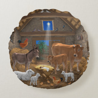 Baby Jesus Manger Holy Night Christmas Nativity Round Pillow
