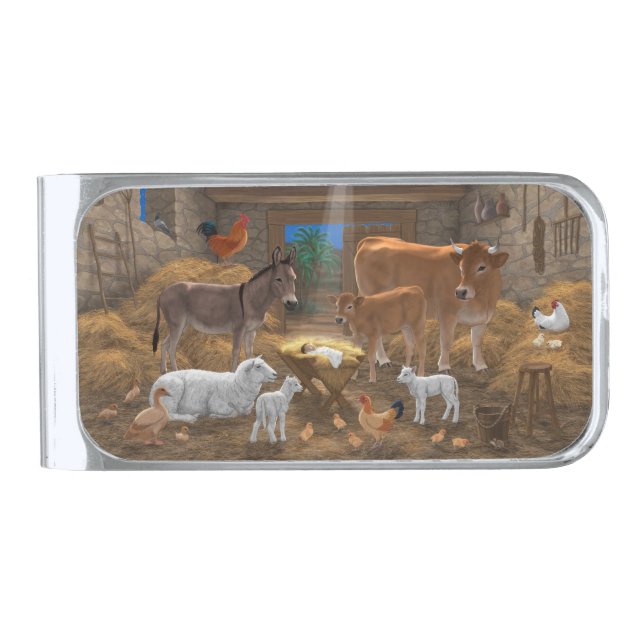 Baby Jesus Manger Holy Night Christmas Nativity Silver Finish Money Clip (Front)
