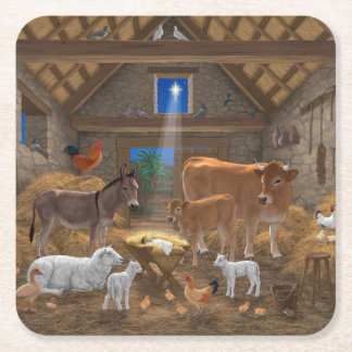 Baby Jesus Manger Holy Night Christmas Nativity Square Paper Coaster