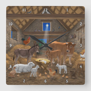 Baby Jesus Manger Holy Night Christmas Nativity Square Wall Clock