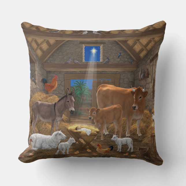 Baby Jesus Manger Holy Night Christmas Nativity Throw Pillow (Front)