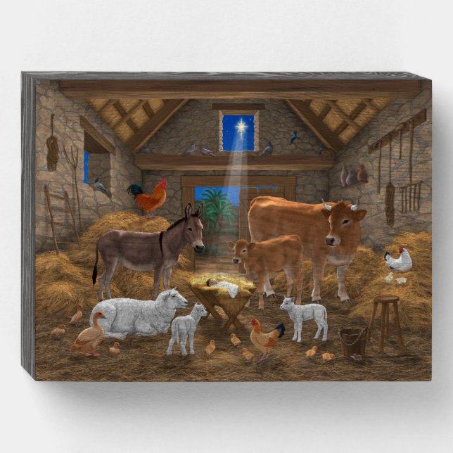 Baby Jesus Manger Holy Night Christmas Nativity Wooden Box Sign (Front Horizontal)