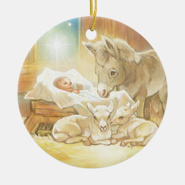 Baby Jesus Nativity with Lambs and Donkey Ceramic Ornament (Front)