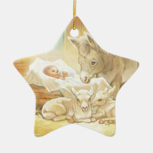 Baby Jesus Nativity with Lambs and Donkey Ceramic Ornament